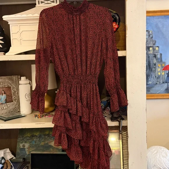 Misa x Revolve Savanna dress in mini red banana leaf ruffled sz Xs - Picture 5 of 8